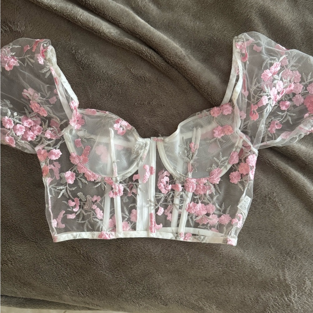 Floral Sheer Puff Sleeve Top - Pink